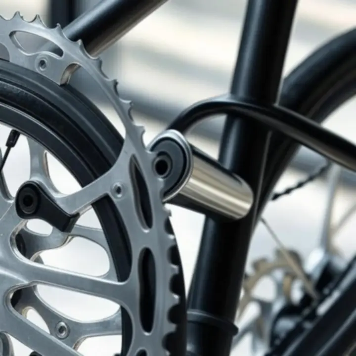 Gedetailleerde close-up van een fietsframe met versnellingen en zadel.