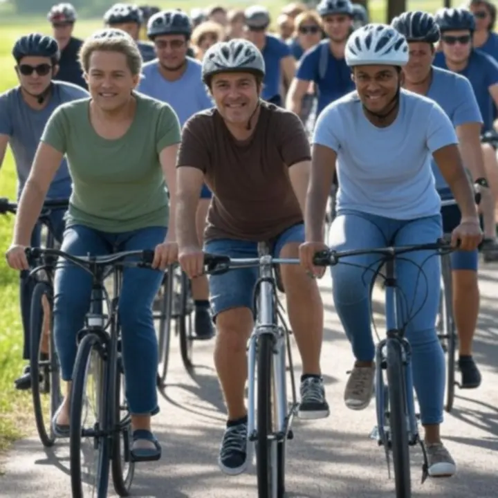 Groep fietsers tijdens een community ride in de buitenlucht