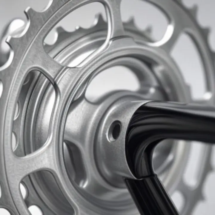 Close-up van hoogwaardige fietscomponenten in de BikeMorra catalogus