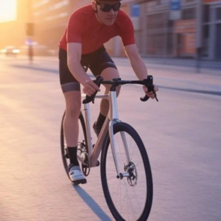 Fietser in beweging door een moderne stedelijke omgeving bij schemering