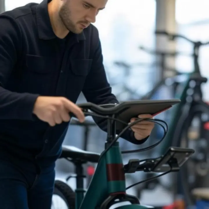 E-bike wordt aangesloten op diagnoseapparatuur voor software-analyse.