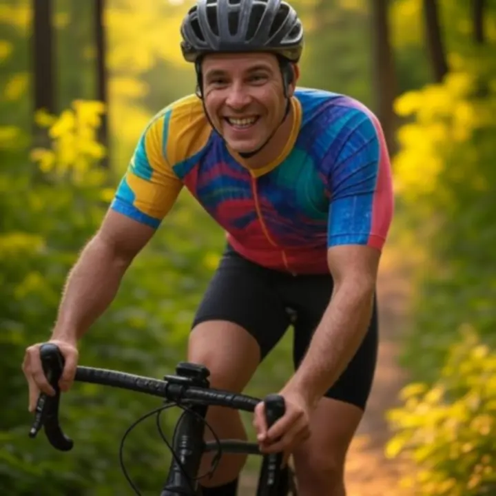 Fietser rijdend door een groen natuurlandschap op een zonnige dag
