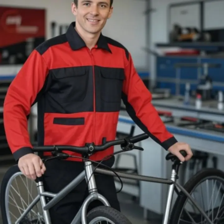 Portret van een BikeMorra fietsenmonteur in de werkplaats, met gereedschap op de achtergrond.