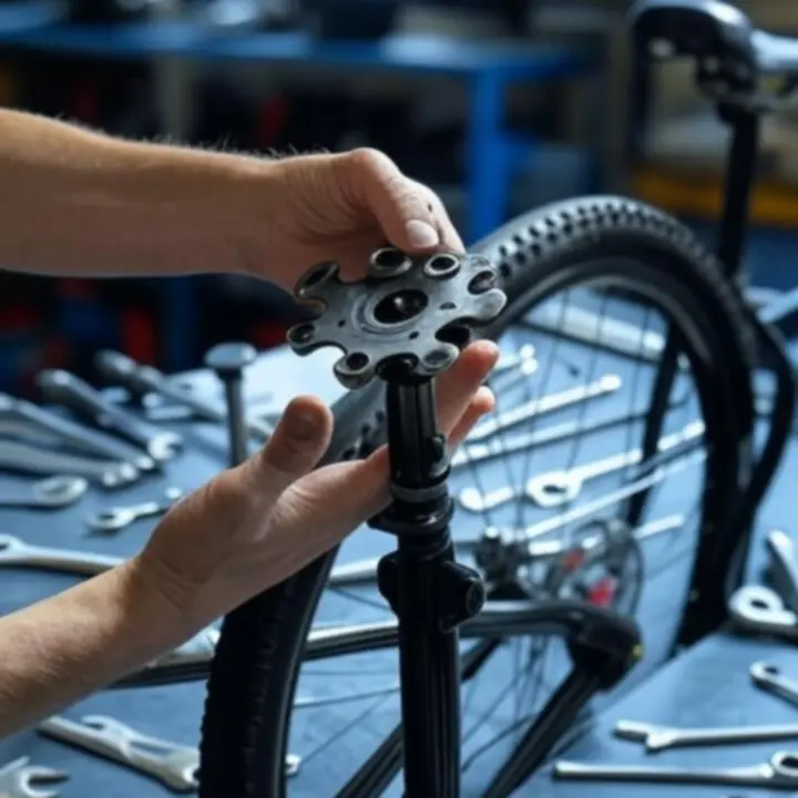 Detail van een fiets in de werkplaats tijdens onderhoud