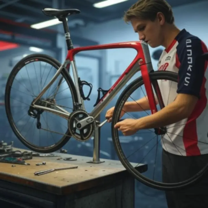 Fietsenmonteur aan het werk in een moderne BikeMorra werkplaats met professionele gereedschappen.