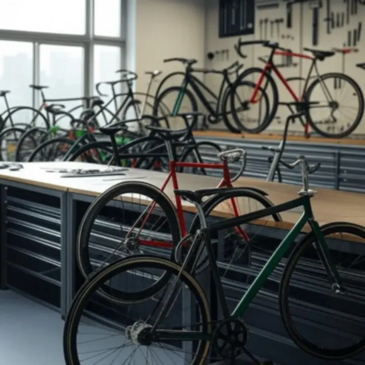 Overzicht van de moderne BikeMorra fietsenwerkplaats met meerdere werkplekken en professionele montagestandaarden.