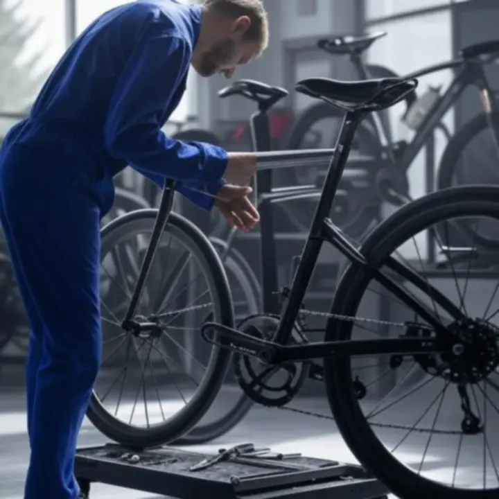 Fietsmonteurs aan het werk in een moderne, goed uitgeruste werkplaats.