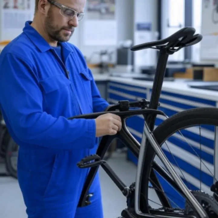 Fietstechnicus die een fiets afstelt in de moderne werkplaats van BikeMorra