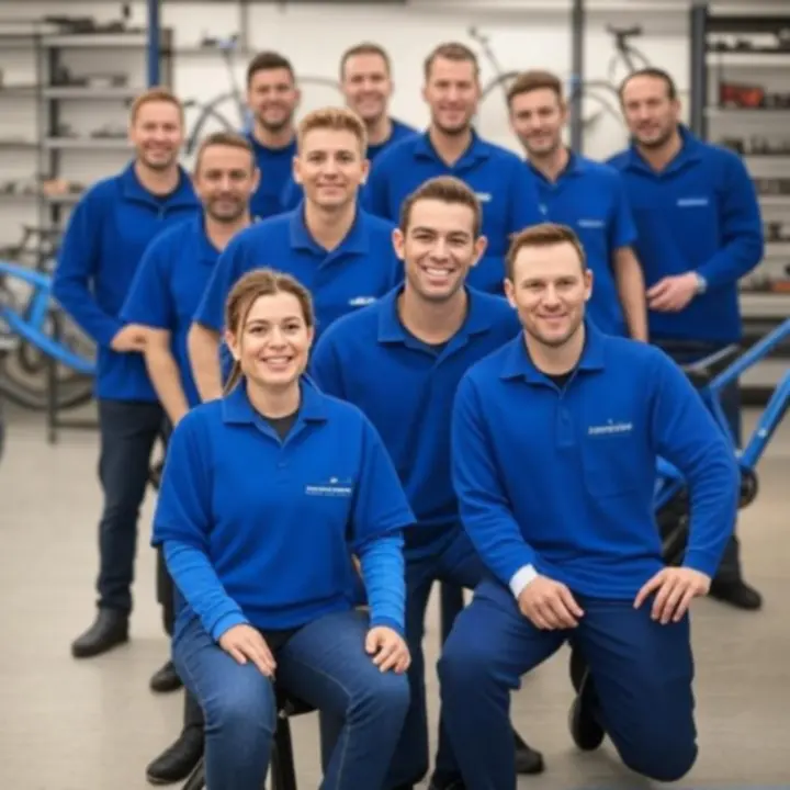 Het BikeMorra werkplaatsteam aan het werk tussen professionele fietswerkplekken.